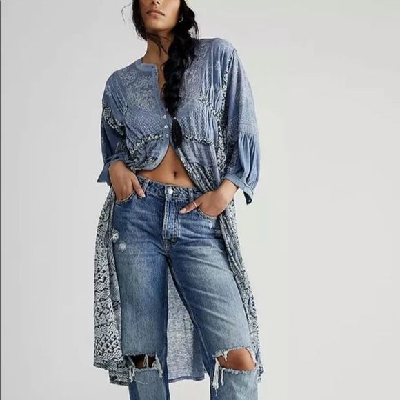 Free People Dresses & Skirts - Free People Oh My Maxi Top Dress Duster Patchwork Piecing Indigo Button